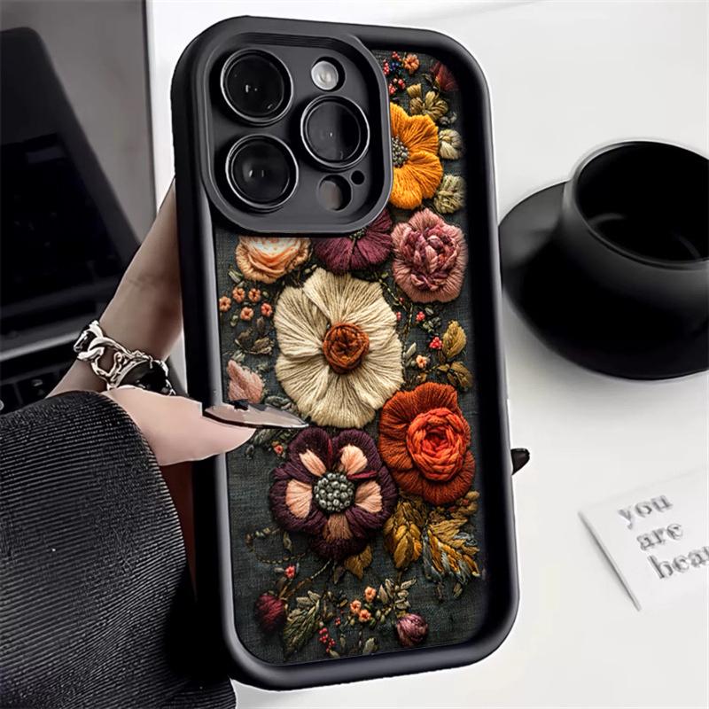 Retro Embroidery-Look Floral Print Phone Case Phone Case For iPhone 17 16 15 Pro Max 14 13 12 11 XS X XR 7 8 Plus 16E Air Cover