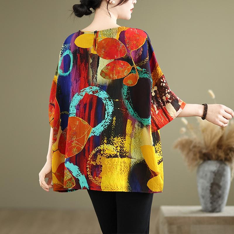 DIMANAF 2024 Summer Plus Size Dámská trička Potisk Květinový Elegantní Batwing Top Trička Trička Volné Ležérní Lněná košile 91706