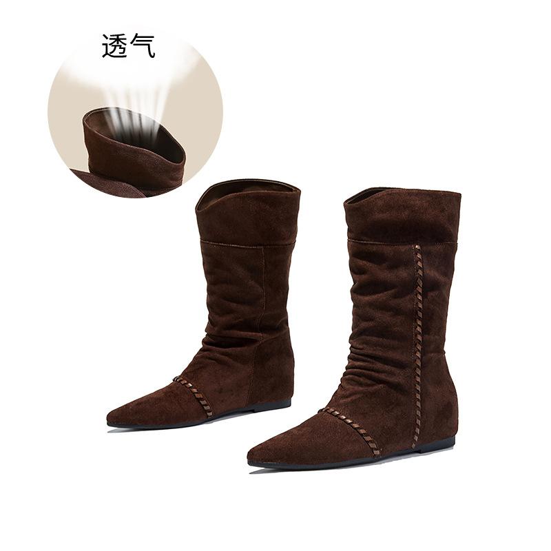 

Inner height increase 5cm retro pointed pile boots 2025 autumn and winter new medium boots casual versatile foreign style Martin boots 40 кофейный