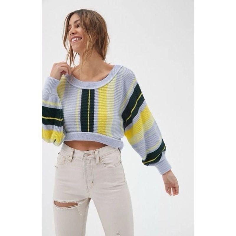 American Style UO Retro Fashion Contrast Color Stripe round Neck Pullover Short Navel Sweater Women's