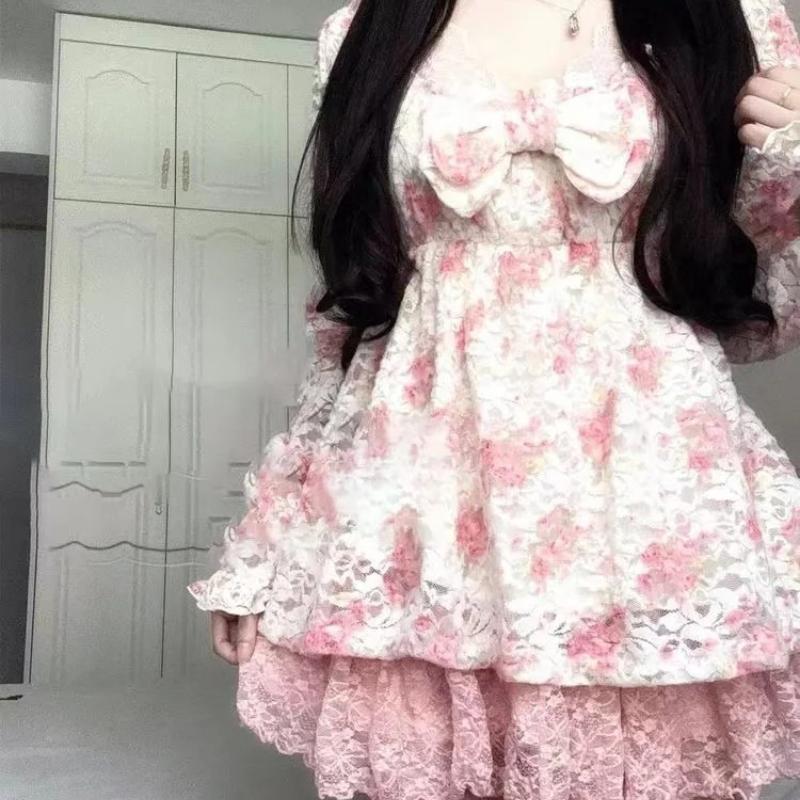 Japanese Y2 Aesthetics Vintage Bow Dress Shorts Set Women Gothic Lolita Style Long Sleeve Shirt Dress Elegant Party Dress Suits