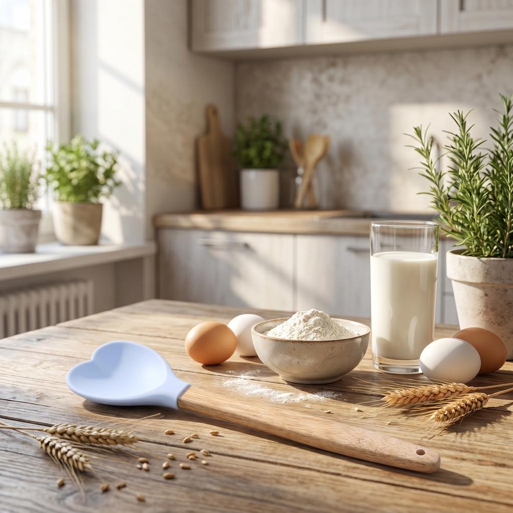 Herzförmige Silikonspatel mit langem Holzgriff zum Mischen und Kochen