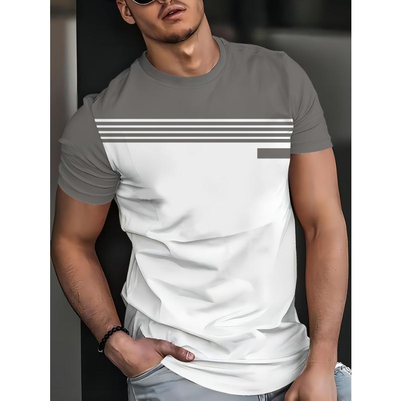 Men s Casual 3D Printed Dual Tone Striped T-shirt Short Sleeved Summer Top S