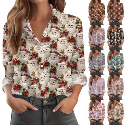 Women's Shirt Blouse Christmas Print Button Long Sleeve Casual Basic Shirt Collar Regular Top