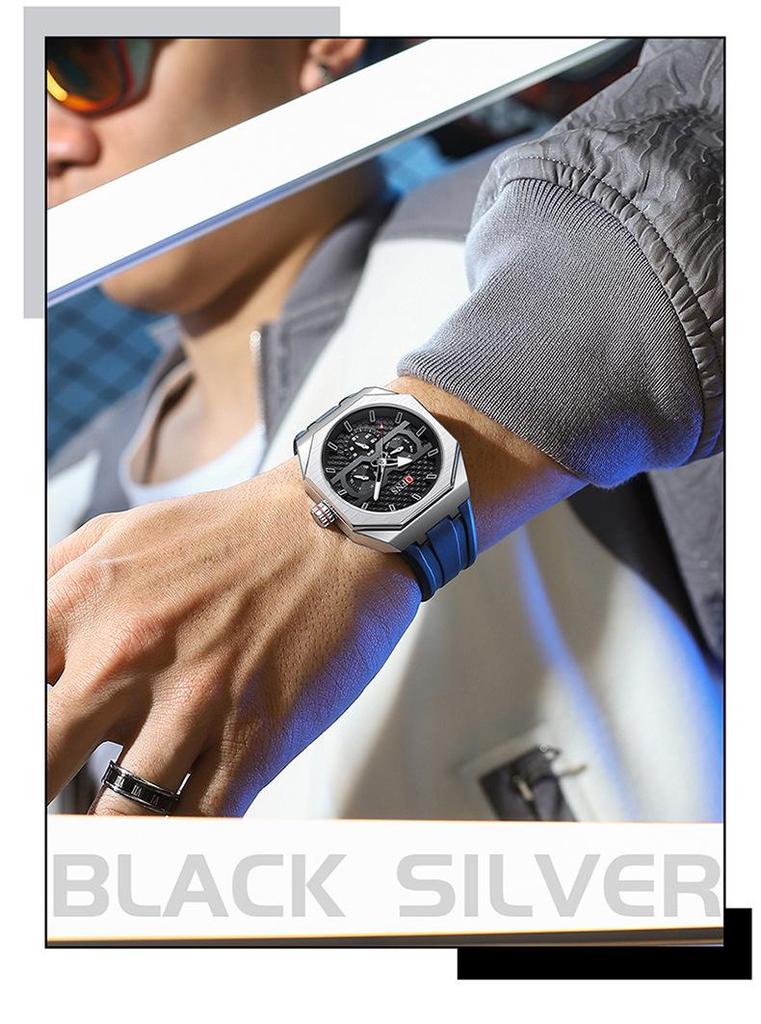 OFNS Men's Waterproof Octagonal Quartz Wristwatch with Large Dial & Three-Eye Six-Hand Design