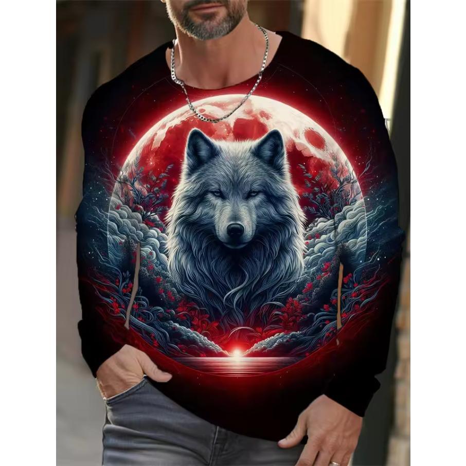 Men's Summer Long Sleeve 3d Printed Wolf Print T-Shirt Tops Men Streetwear Clothing Round Neck Graphic Long Sleeve T-Shirt