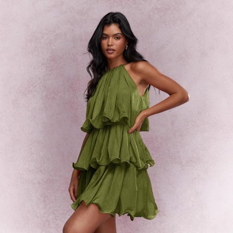 Vestido de Verano Nuevo Cuello Sin Mangas Tul de Gama Alta Borde con Volantes Temperamento Elegante