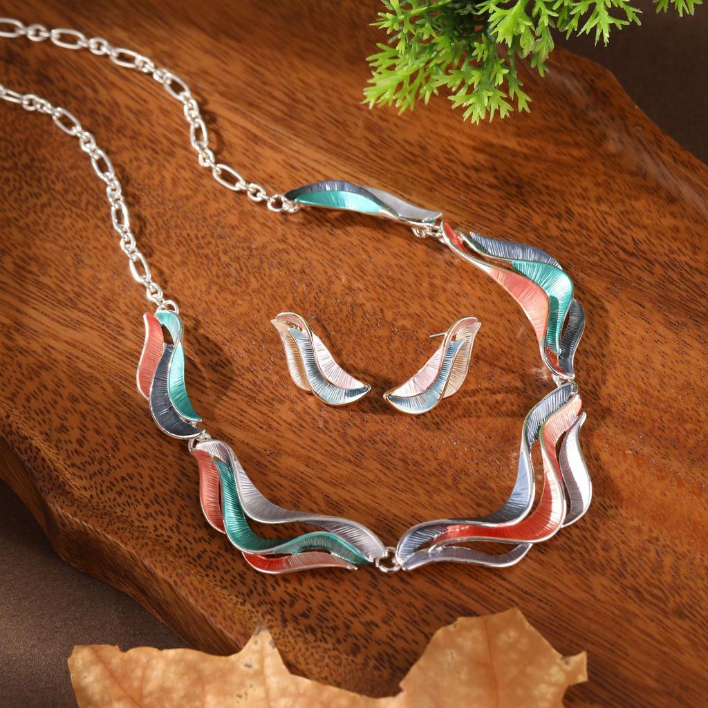 Emaliowane kolczyki sztyfty z geometrycznymi liniami i płatkami, naszyjnik, zestaw, damska moda, naszyjnik z nieregularnymi płatkami