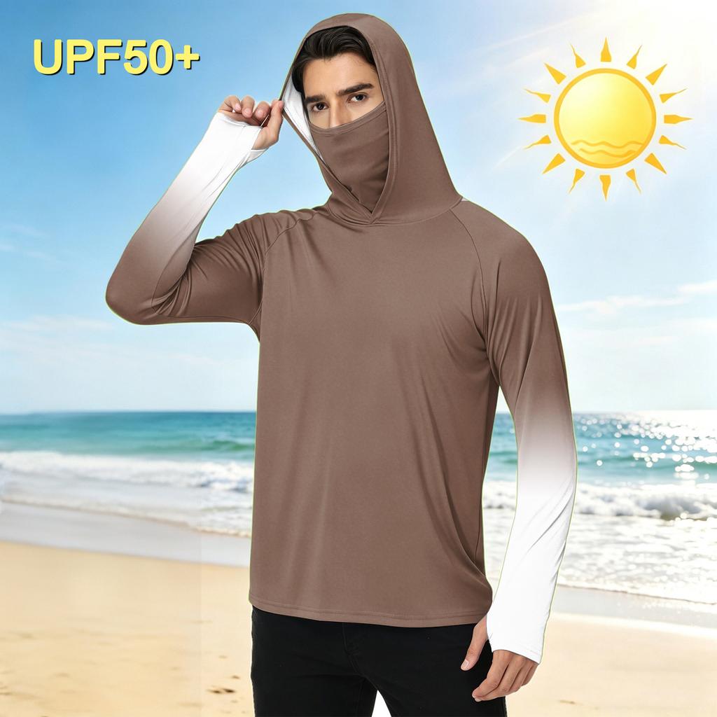 Men's Casual Outdoor Gradient Print Hooded Long Sleeve Sun Protection Shirt Lightweight Breathable UV Resistant Pullover Top
