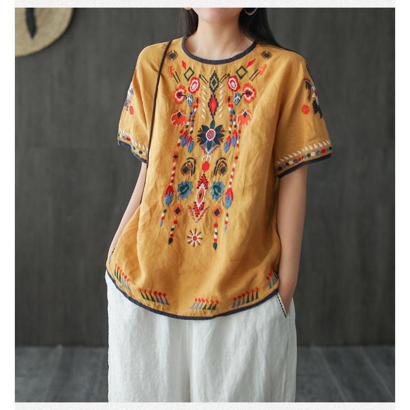 Baumwolle und leinen bestickt T-shirt sommer neue retro literarischen lose vielseitig pullover rotes top frauen