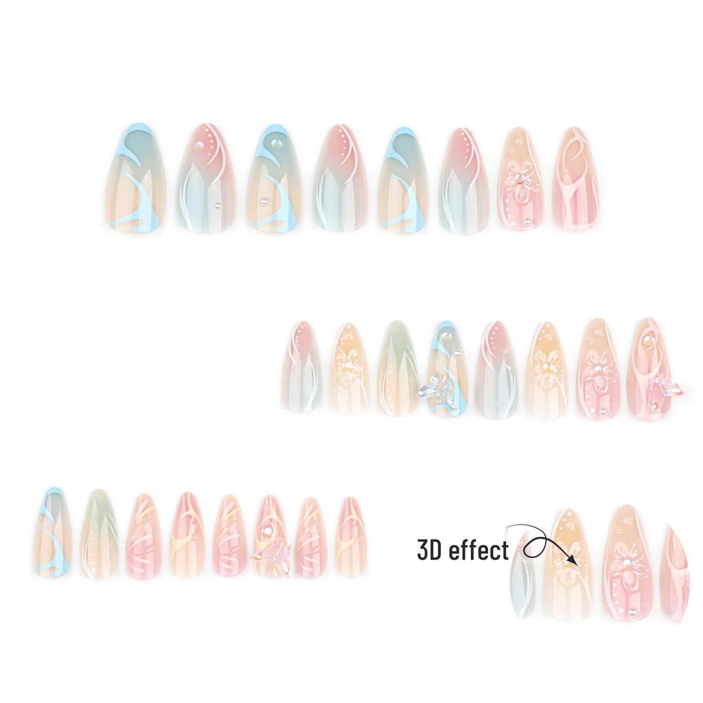 Summer 3D Butterfly Nail Art Almond Press-Ons - Gradient Bubble Bead Design