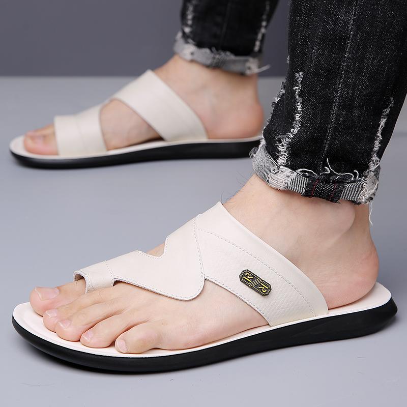 Tongs pour Hommes Pantoufles en Cuir Noir Chaussures Plates Simples Été Blanc Extérieur Marron Bout Ouvert Chaussures de Plage Grande Taille