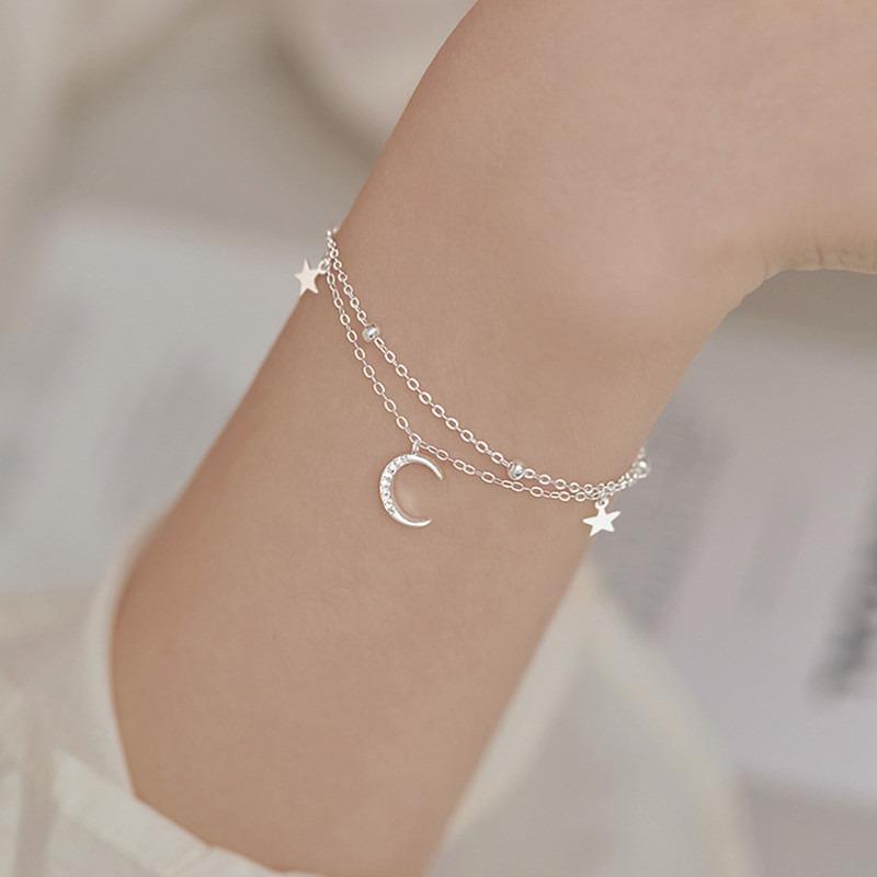 925 Silver Star Moon Bracelet Women Girls Vintage Korean Crystal Charm Jewelry Gift Sparkling Party Accessories