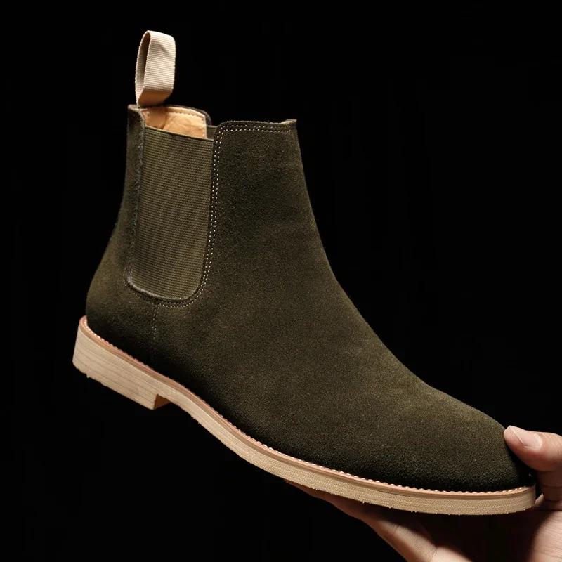 British Style Men's Genuine Suede Leather Chelsea Boots High-top Dress Shoes Fashion Warm Winter Men Riding Boots Shoes for Men