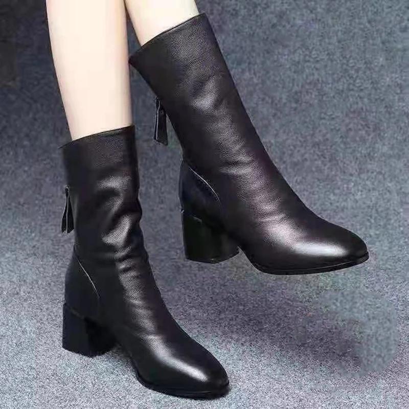 Fashion Autumn Winter Short Plush Ankle Boots Women Fashion Zipper Thick Heels Boots Woman Pleated Pu Leather Short Booties Women Boots