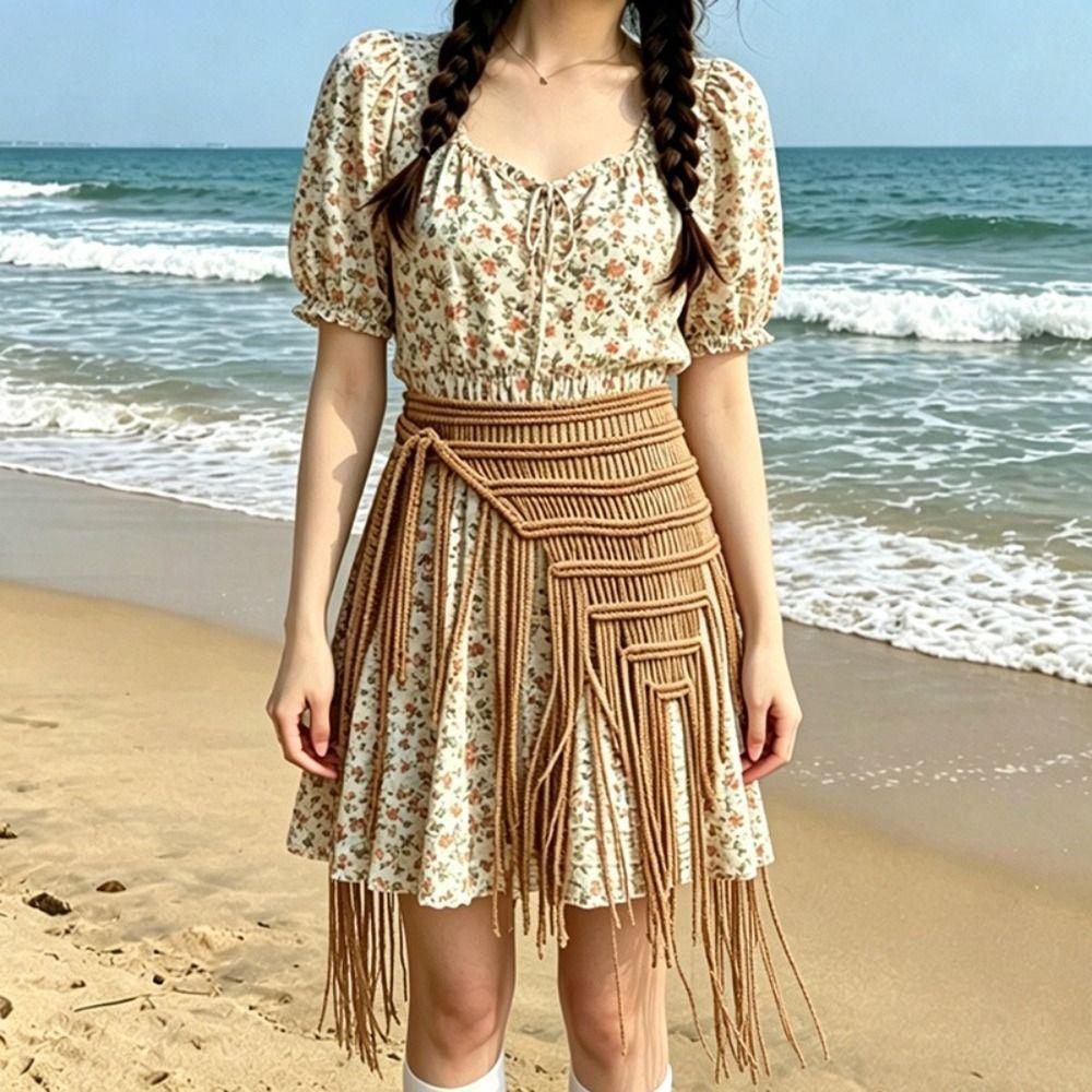 Hollow Out Boho Waist Belt Mesh Material Handwoven Waist Belt Ethnic Waist Belt Jeans Waistband