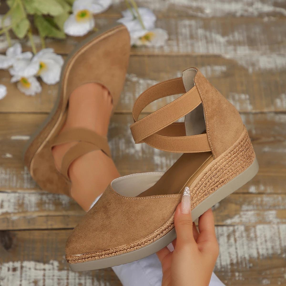 Fashion Shoes Cswo01 Women's Closed Toe Wedge Sandals Solid Color Sandals Pointed Elastic Band Shoes Elegant Comfortable Shoes For Cm