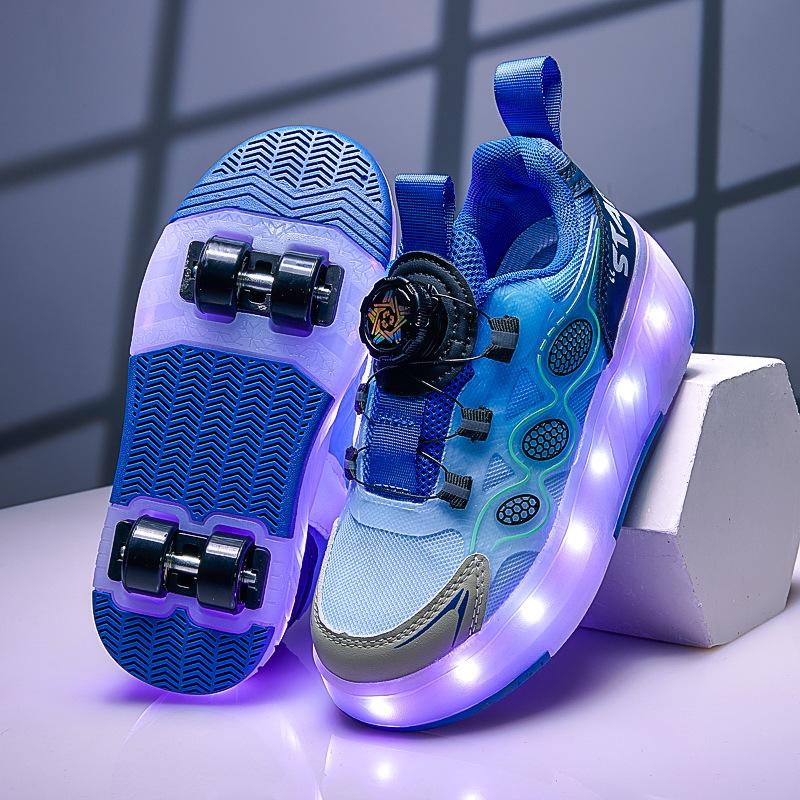 Children Roller Skating Shoes Anti-collision Durable Walking Shoes LED Lights USB Charging Four-wheel Skate Shoes for Kids