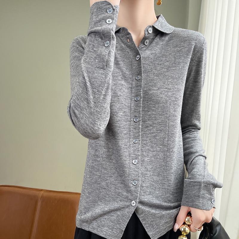 2025 Early Autumn Merino Wool Polo Collar Knit Cardigan, Long Sleeve Solid Color, Loose Fit Versatile Shirt