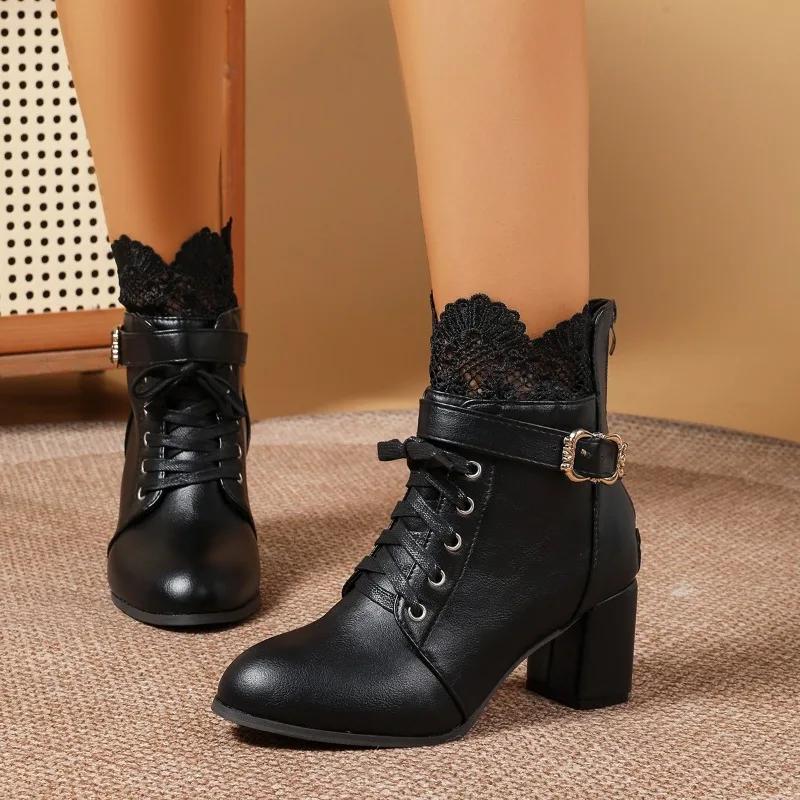 Round Toe Lace Up Side Zip Metal Buckle Soft Sole Pumps Spliced Lace Booties