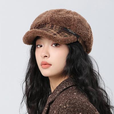 Plush Octagonal Cap Girls Autumn Winter Warm Beret Big Head Face Small Newspaper Boy Hat Baseball Duck Tongue Cap Retro Plaid