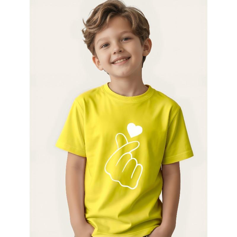 Boys Crewneck Short Sleeve Tee, Minimalist Line Heart Hand Print Cool Streetwear Summer Top