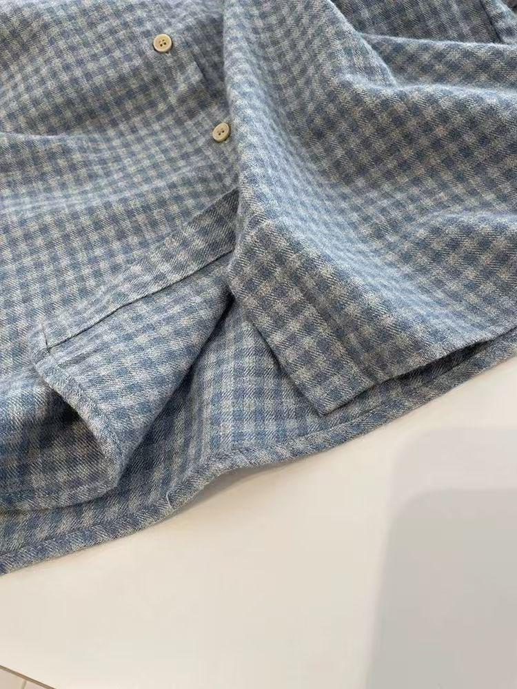 Damen Blau Kariert Retro Hemdjacke - Verdickt, Lockere Passform für Herbst/Winter