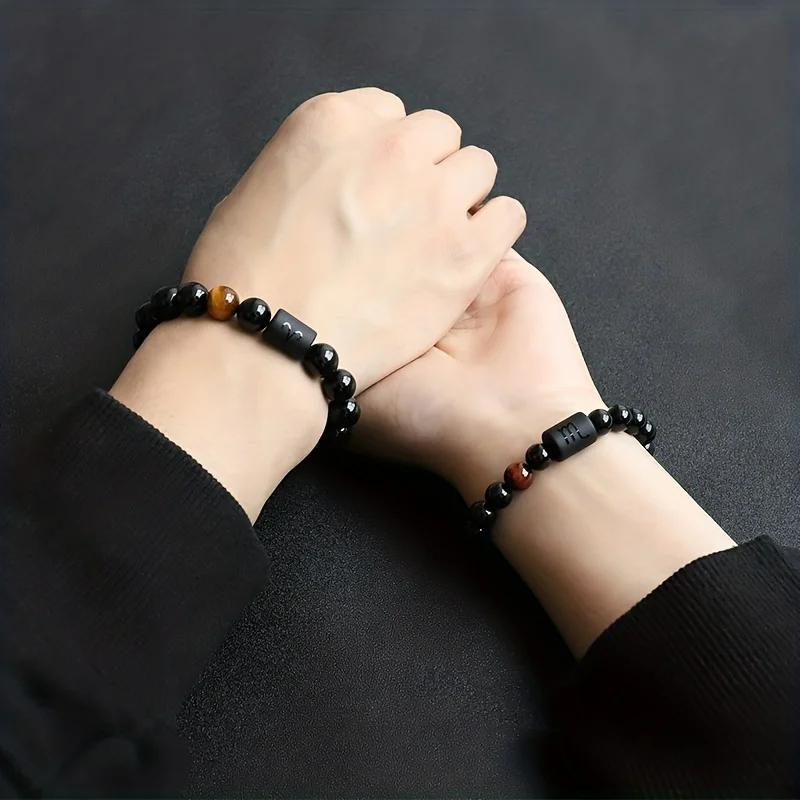 New Twelve Constellation Stretch Bracelet Male Simple Obsidian Engraved Couple Beaded Fashion Commuter Bangle Natural Stone