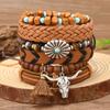 Leather Bracelets for Men Women Handmade Wrap Woven Cuff Bracelets Wooden Beaded Bracelets Vintage Ethnic Tribal Wristbands Bracelet Set Adjustable