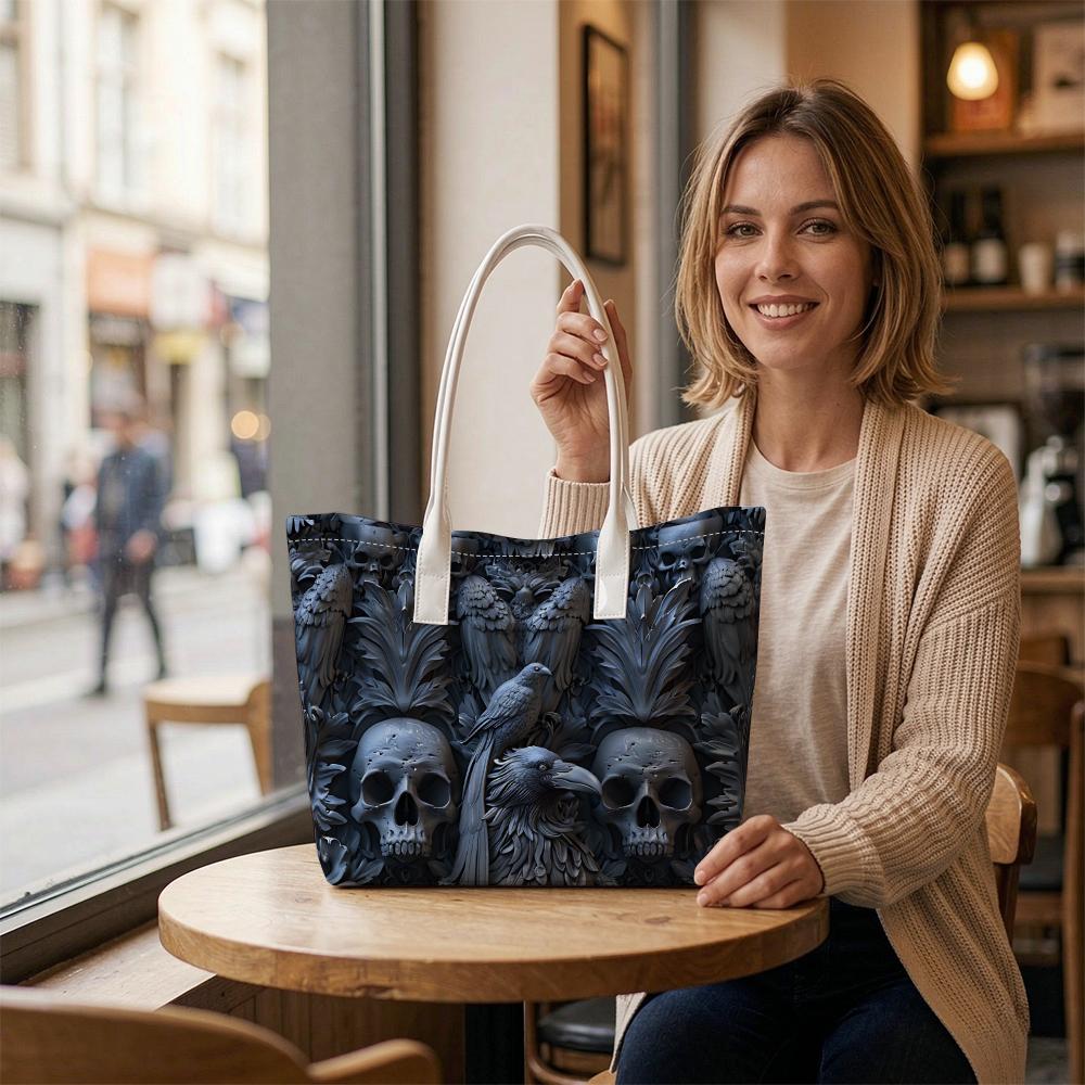 Gothic Skull Raven Print Tote Bag for Daily Use 