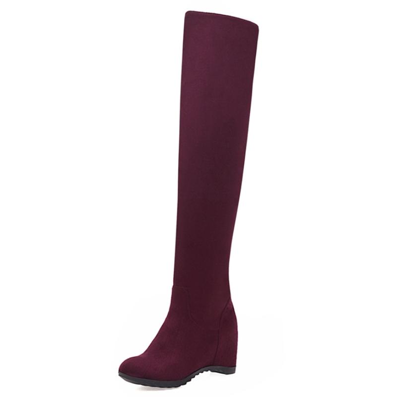 

Elastic Thigh High Boots Women Winter Flock Wedge Over the Knee High Boot Ladies Footwear Party Dance Shoes Height Increasing 39 вина червоного кольору