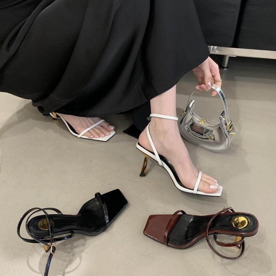 European and American Small Gold Bars Poplar Woods Square Head High Heel One-word Sandals Sexy Thin Heel Open-toed Women's Shoes Simple Cross Straps