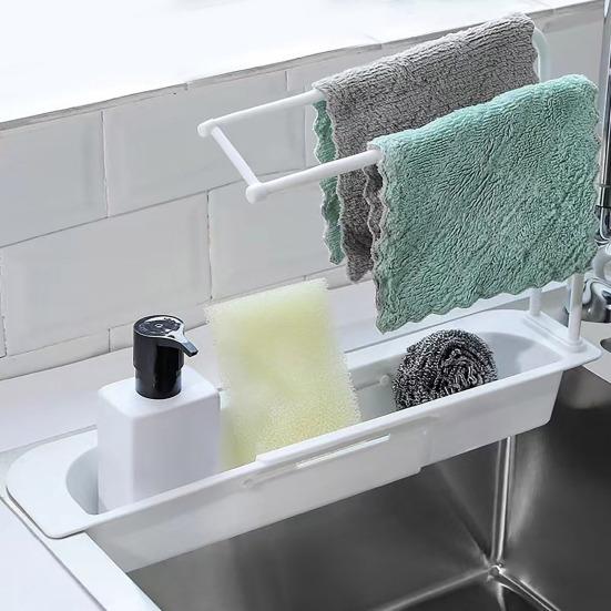 Úložný regál na dřez Držák na ručníky Rozšiřitelný Teleskopický design Větrání Odvodnění Snadná instalace