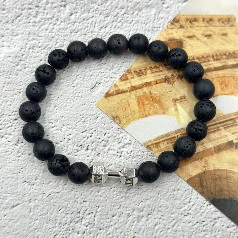 "Turquoise & Volcanic Rock Beaded Bracelet with Dumbbell Charm – Unisex Jewelry”