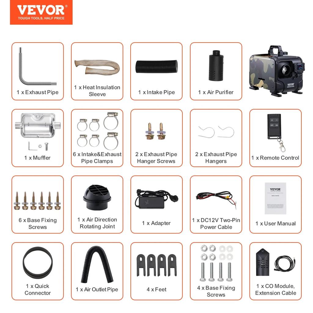 VEVOR 5-8KW Diesel Heater, 12V/24V All In One Diesel Air Heater, Bluetooth APP Control, Remote Control and Display Screen, CO Alarm