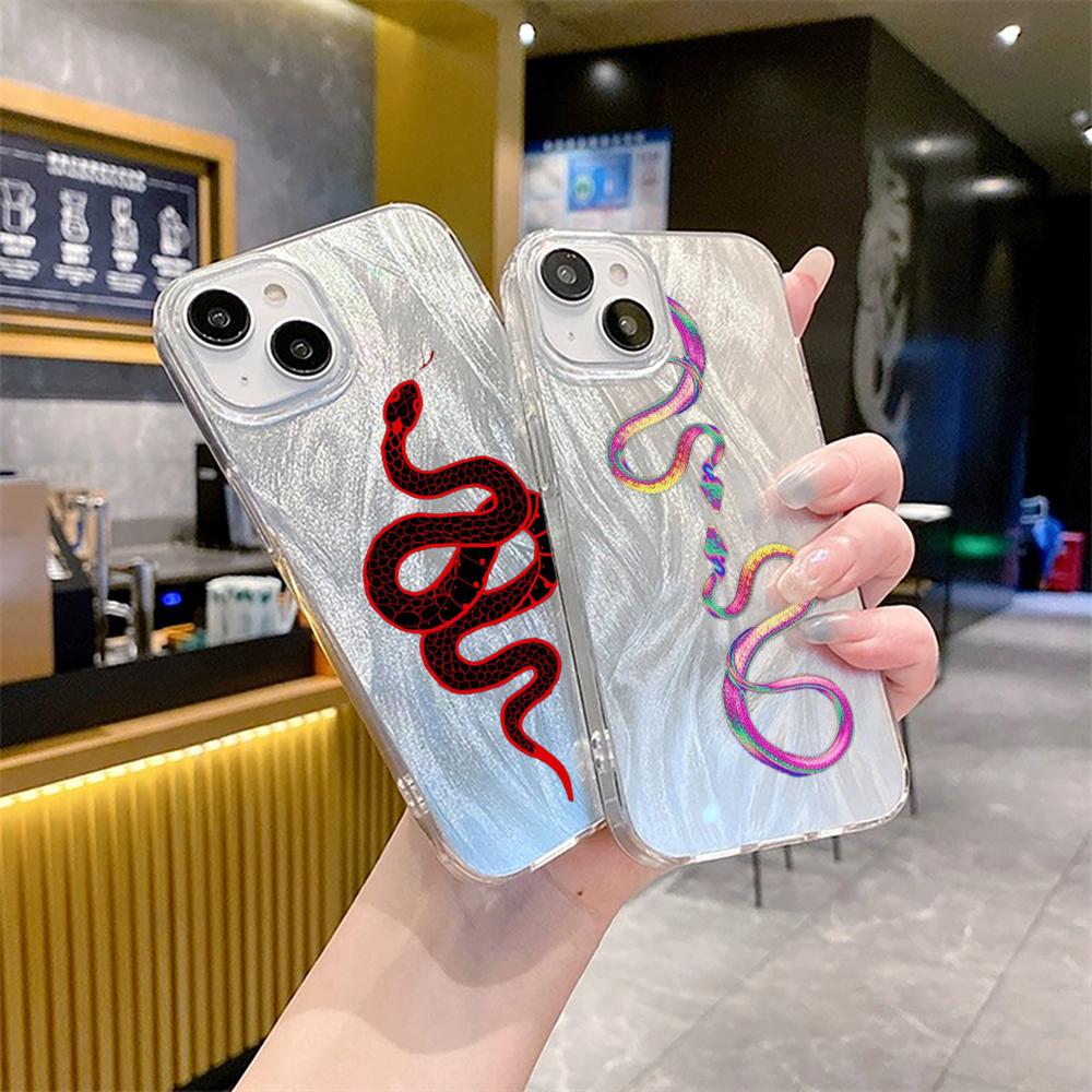 N73 Black Gold Snake Design Clear Frame Case for Samsung S25 Ultra iPhone 16 Pro Max Xiaomi Redmi Note 13 Feather Chiffon Texture Silver Plated Cover