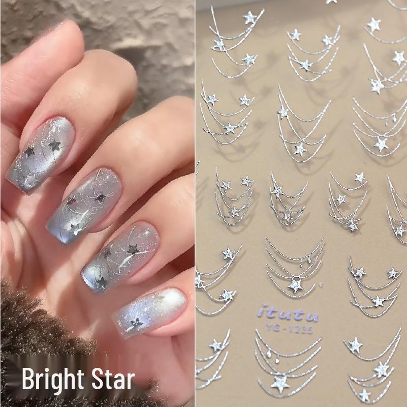 

Glittering Galaxy Nail Stickers: Iridescent Laser Stars & Silver Star Chains