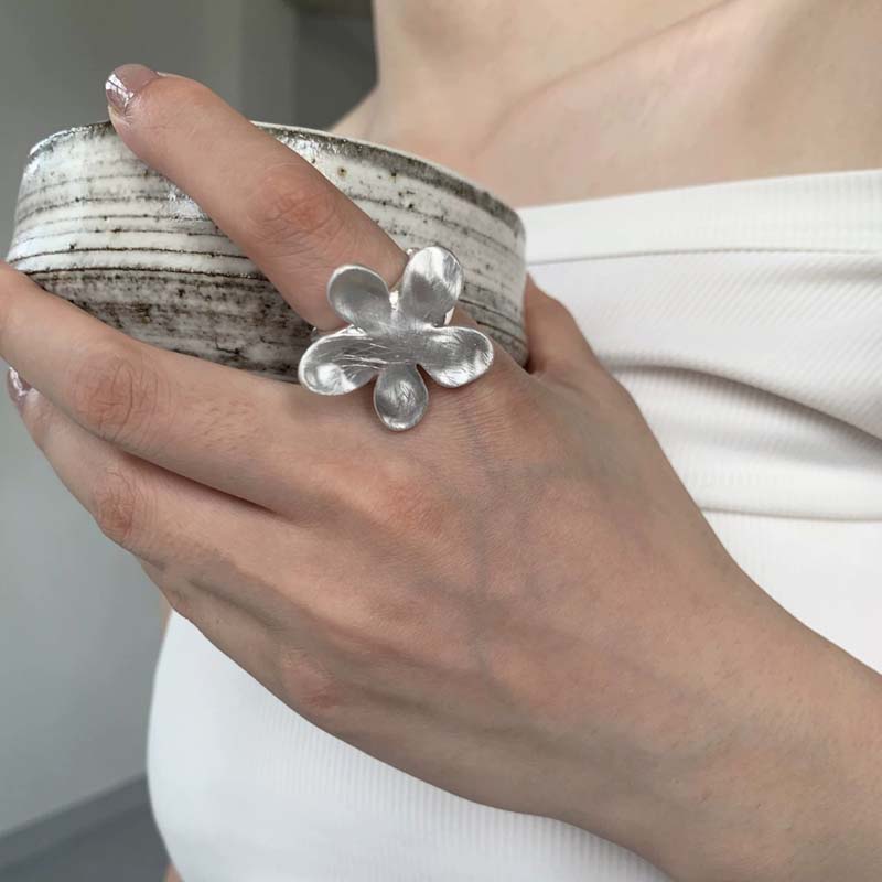Korean Silver Flower Open Rings For Women Vintage Metal Adjustable Finger Handmade Ring Jewelry Birthday Gift