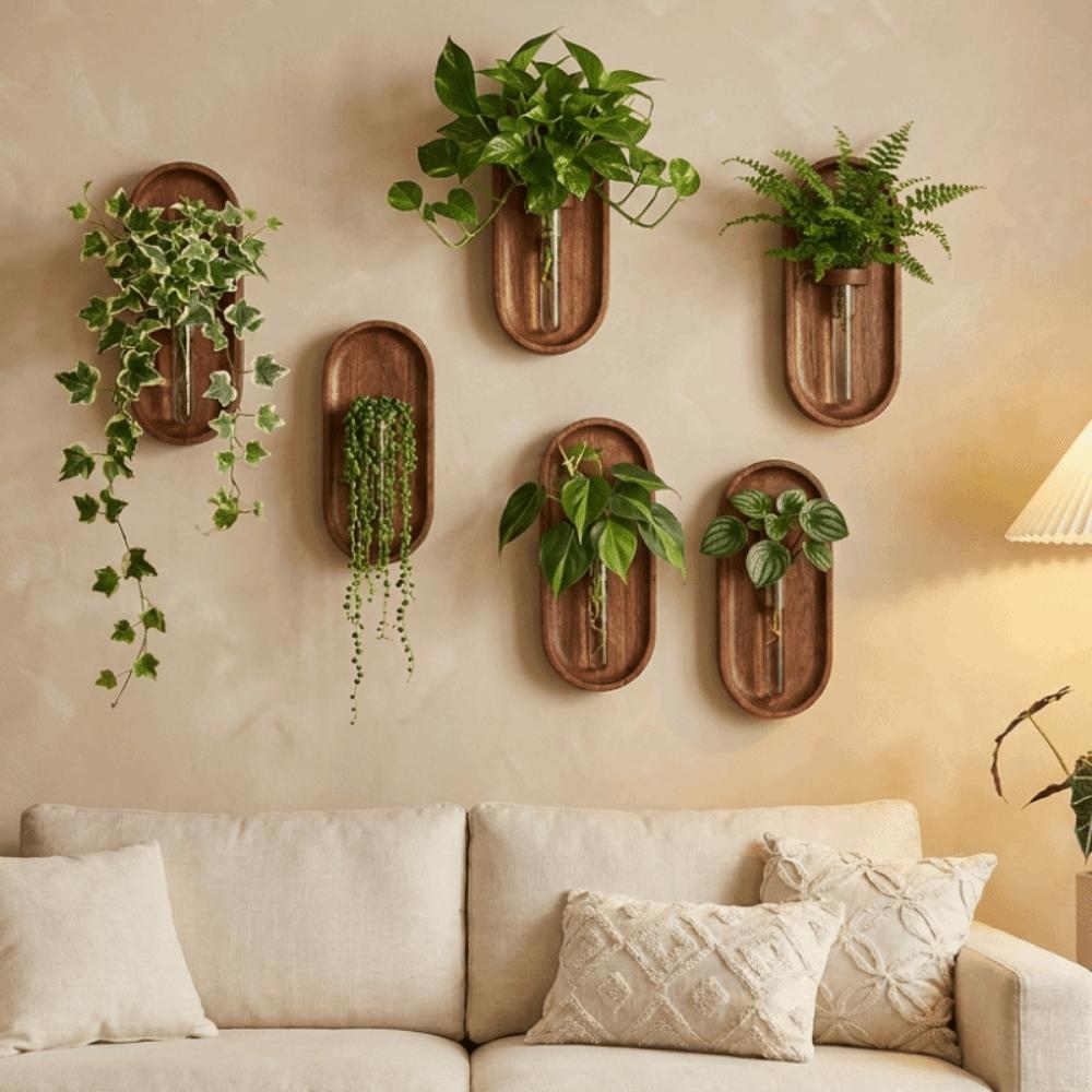 Minimalist Wall Hydroponic Vase Solid Wood Oval Tube Wall Vase Hanging Plant Panel Home Decor