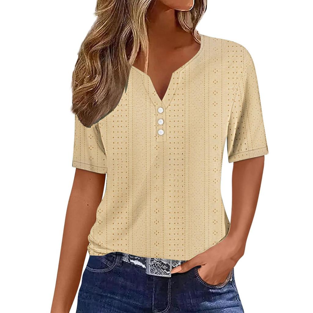 European & American Style V-Neck Jacquard Hollow-Out Short-Sleeve T-Shirt: Fashionable, Casual, Loose, Comfortable Summer Vacation Top