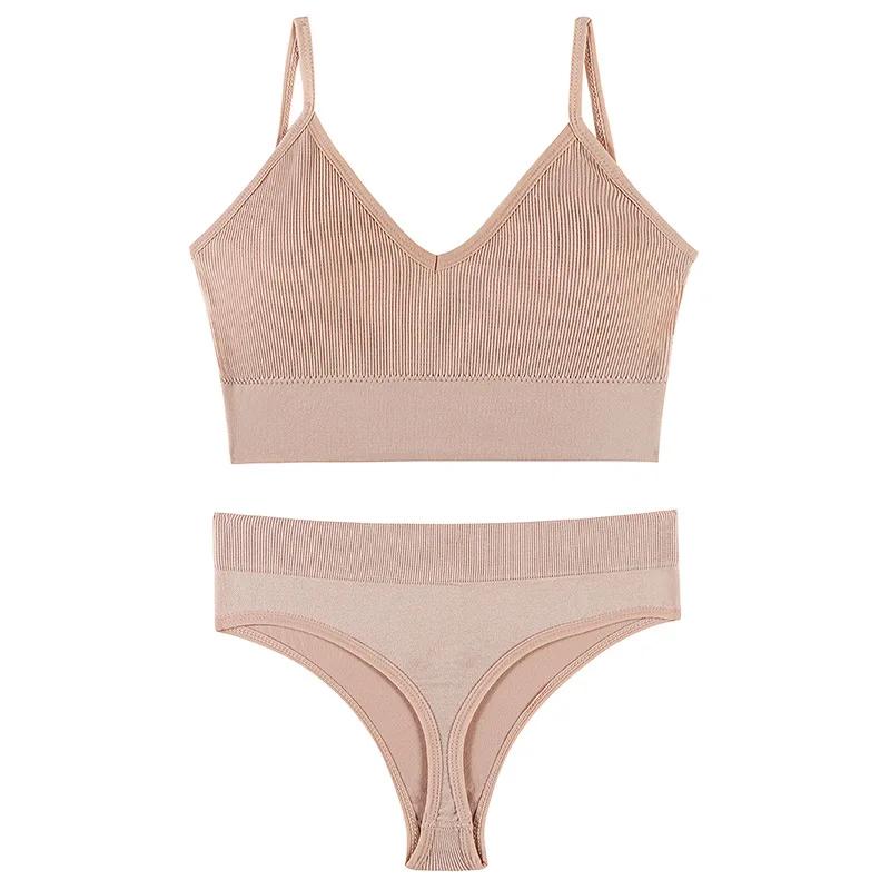 2Pcs Underwear Set Bra Set Women Panties Sexy G-String Seamless Bralette Female Wire Free Bra Sexy Panty Set Lingerie Soft Tank Crop Top Sleeping Bra