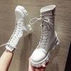 Spring Autumn Black Round Toe Platform Women's Half High Boots Trend  Demi-season New Rock Lace-up Ladies Mid Calf Shoes