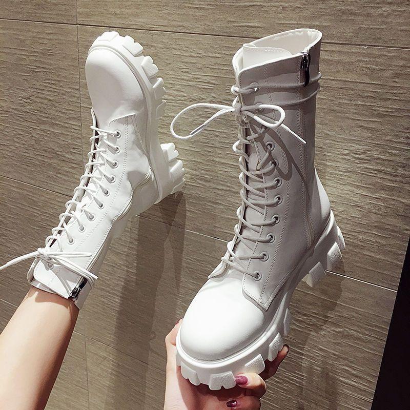 Spring Autumn Black Round Toe Platform Women's Half High Boots Trend  Demi-season New Rock Lace-up Ladies Mid Calf Shoes