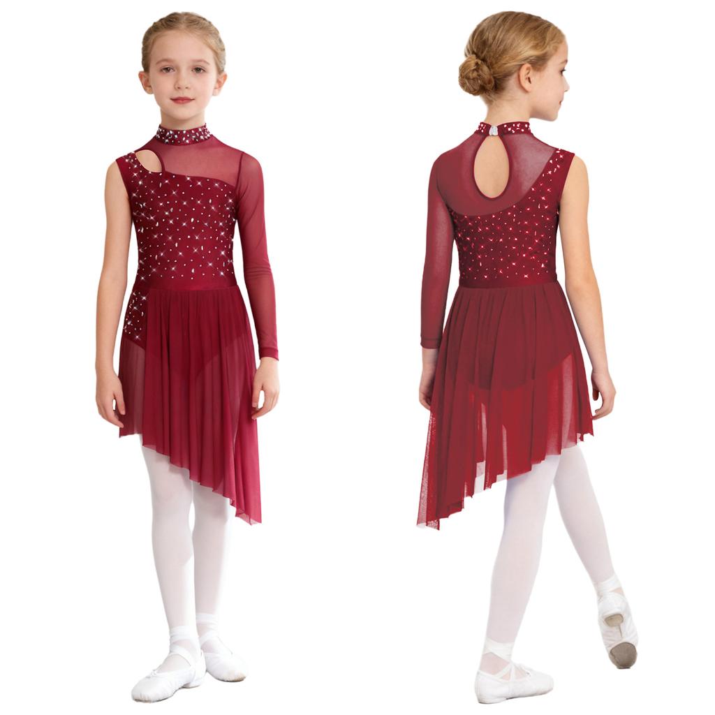Complete Competition Lyrical Costume for Girls: Features Asymmetrical Design, Mock Neck, Mesh & Rhinestone Details
