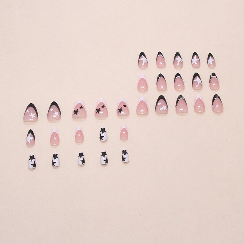 24 Pcs French Tip Press On Nail Almond Shape False Nail Stars Acrylic Nail Glossy Full Cover Stick On Nail