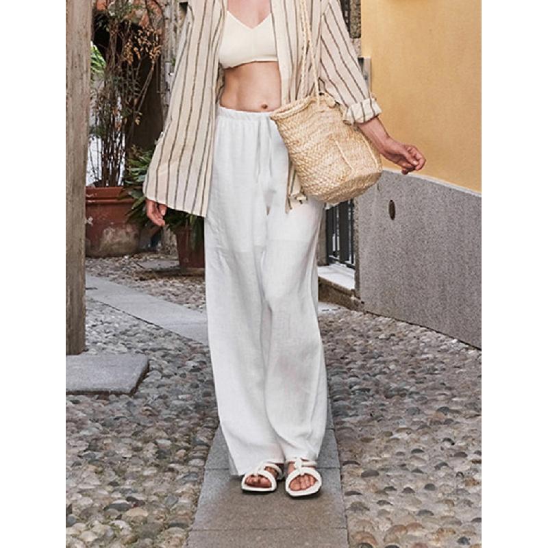White linen tencel wide-leg women's pants, spring/summer high-end loose simple straight-leg pants, paper-thin cotton-linen casual women's trousers