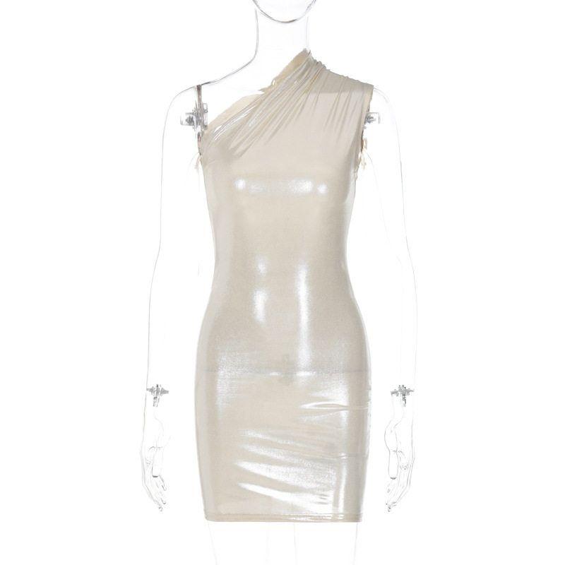 

European and American Style Women s Clothing 2024 Autumn New Sexy Slim-Fit Solid Color One-Shoulder Sleeveless Bodycon Dress for Export Apricot color M