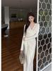 2026 Autumn/Winter Elegant V-Neck Long Sleeve Pleated Waist Split Skirt Dress for Women