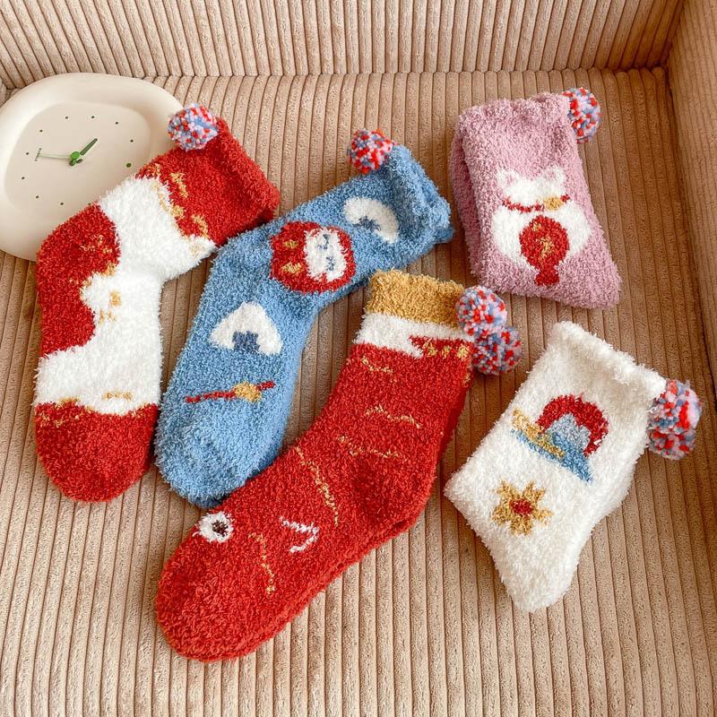 5/10 Pairs Comfortable Casual Winter Coral Fleece Mid Calf Socks Autumn Winter Thickened Warm Home Floor Socks Japanese Style Cartoon Sleep Socks