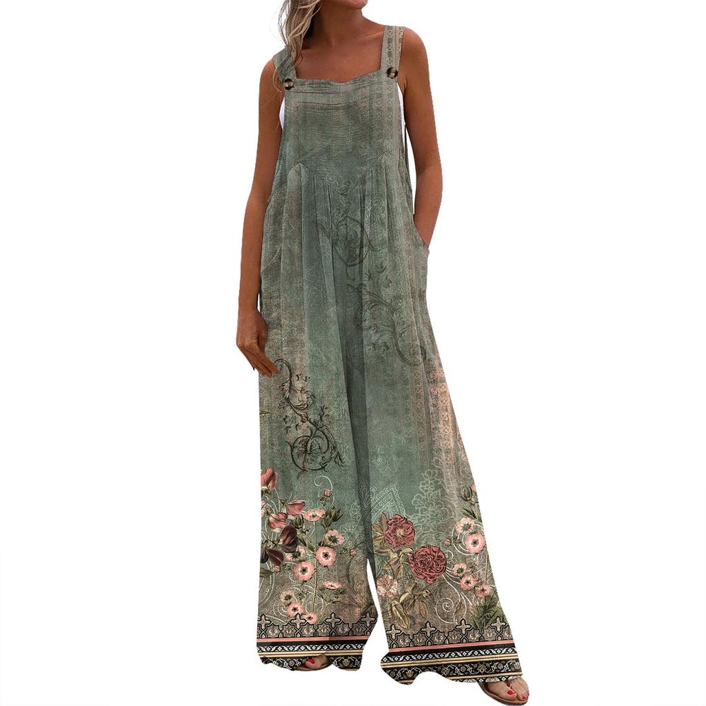 Women's Fashion Casual Loose With Pockets  Sleeveless Printed Jumpsuit